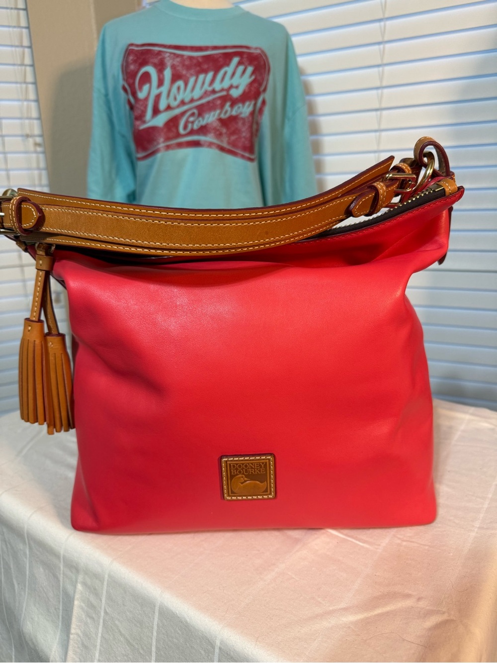 Dooney & Bourke Geranium McKenzie Leather Hobo Bag with Tan Trim